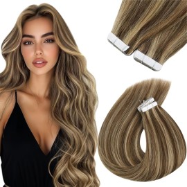 Sunny Hair Tape in Hair Extensions Real Human Hair Invisible Remy Hair Extensions Tape ins for Women Dark Brown Highlight Caramel Blonde 22 inch 20Pcs 50G