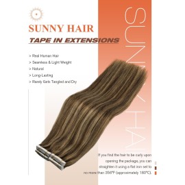 Sunny Hair Tape in Hair Extensions Real Human Hair Invisible Remy Hair Extensions Tape ins for Women Dark Brown Highlight Caramel Blonde 22 inch 20Pcs 50G