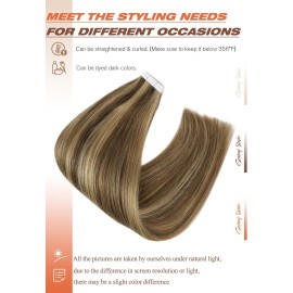 Sunny Hair Tape in Hair Extensions Real Human Hair Invisible Remy Hair Extensions Tape ins for Women Dark Brown Highlight Caramel Blonde 22 inch 20Pcs 50G
