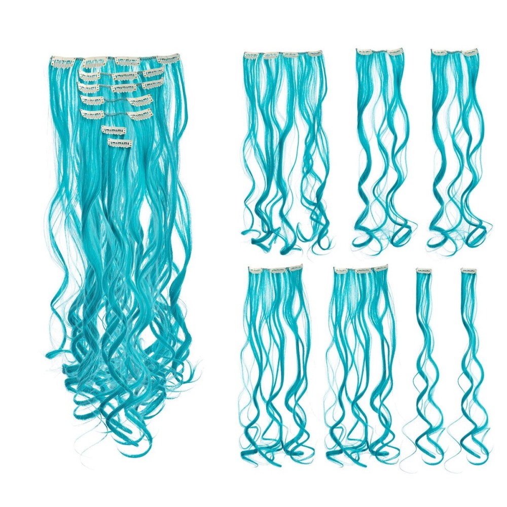 SWACC 7 Pcs Full Head Party Highlights Clip on in Hair Extensions Colored Hair Streak Synthetic Hairpieces (20-Inch Curly, Teal Blue)