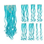 SWACC 7 Pcs Full Head Party Highlights Clip on in Hair Extensions Colored Hair Streak Synthetic Hairpieces (20-Inch Curly, Teal Blue)