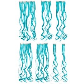 SWACC 7 Pcs Full Head Party Highlights Clip on in Hair Extensions Colored Hair Streak Synthetic Hairpieces (20-Inch Curly, Teal Blue)
