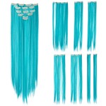 SWACC 7 Pcs Full Head Party Highlights Clip on in Hair Extensions Colored Hair Streak Synthetic Hairpieces (22-Inch Straight, Teal Blue)
