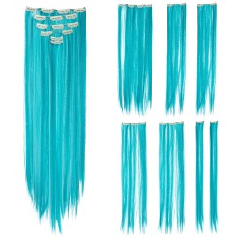 SWACC 7 Pcs Full Head Party Highlights Clip on in Hair Extensions Colored Hair Streak Synthetic Hairpieces (22-Inch Straight, Teal Blue)