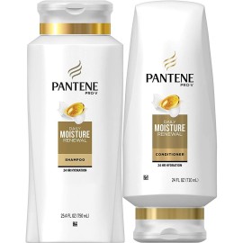 Pantene Moisturizing Shampoo 25.4 OZ and Silicon-Free Conditioner 24 OZ for Dry Hair, Daily Moisture Renewal, Bundle Pack (Packaging May Vary)