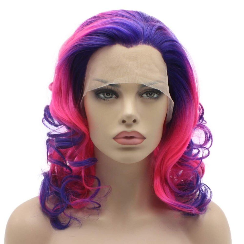 Lushy Shoulder Length 16inch Two Tone Purple Rose Red Ombre Wig Heat Friendly Heavy Density Realistic Synthetic Lace Front Wig Lushy Shoulder Length 16inch Two Tone Purple Rose Red Ombre Wig Heat Friendly Heavy Density Realistic Synthetic Lace Front Wig