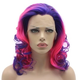 Lushy Shoulder Length 16inch Two Tone Purple Rose Red Ombre Wig Heat Friendly Heavy Density Realistic Synthetic Lace Front Wig Lushy Shoulder Length 16inch Two Tone Purple Rose Red Ombre Wig Heat Friendly Heavy Density Realistic Synthetic Lace Front Wig