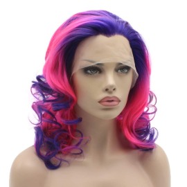 Lushy Shoulder Length 16inch Two Tone Purple Rose Red Ombre Wig Heat Friendly Heavy Density Realistic Synthetic Lace Front Wig Lushy Shoulder Length 16inch Two Tone Purple Rose Red Ombre Wig Heat Friendly Heavy Density Realistic Synthetic Lace Front Wig