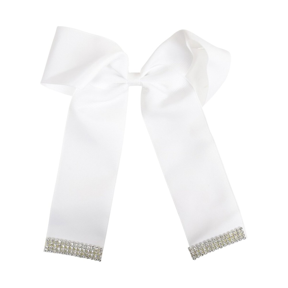 White 6 inch Cheer Bow Grosgrain Hair Bow with Rhinestone Edges