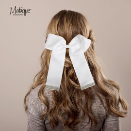 White 6 inch Cheer Bow Grosgrain Hair Bow with Rhinestone Edges