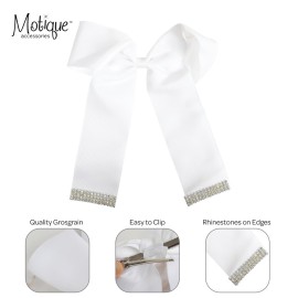 White 6 inch Cheer Bow Grosgrain Hair Bow with Rhinestone Edges