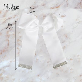 White 6 inch Cheer Bow Grosgrain Hair Bow with Rhinestone Edges