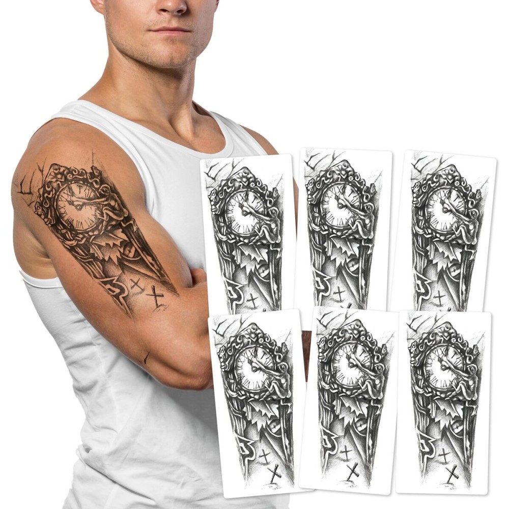 6-Sheet Cross Clock Arm Temporary Tattoos for Men Women - Mysterious Fake Tattoo Stickers for Halloween Cosplay and Party Costume