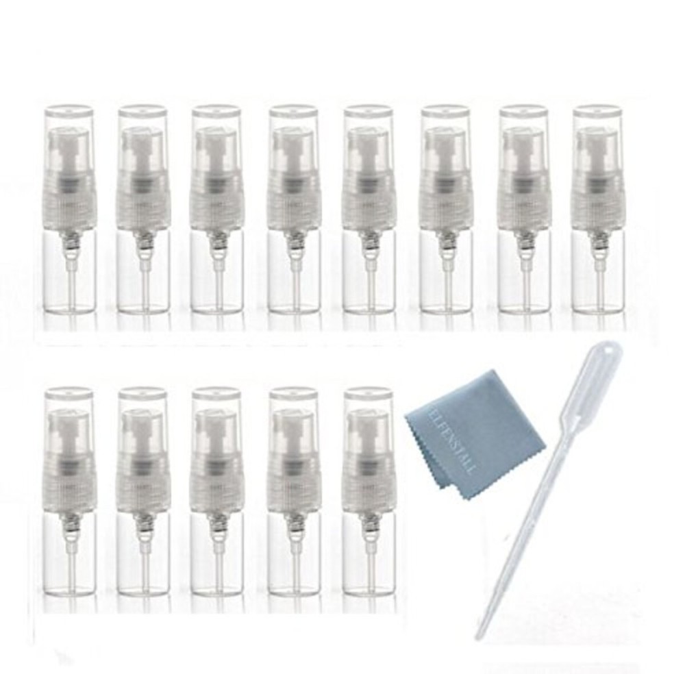 Elfenstall- 20pcs Mini Clear 2ml 5/8 Dram Fine Mist Atomizer Vial Glass Bottle Spray Refillable Perfume Empty Sample Bottle with Clean Cloth Free Pipette for Travel Party