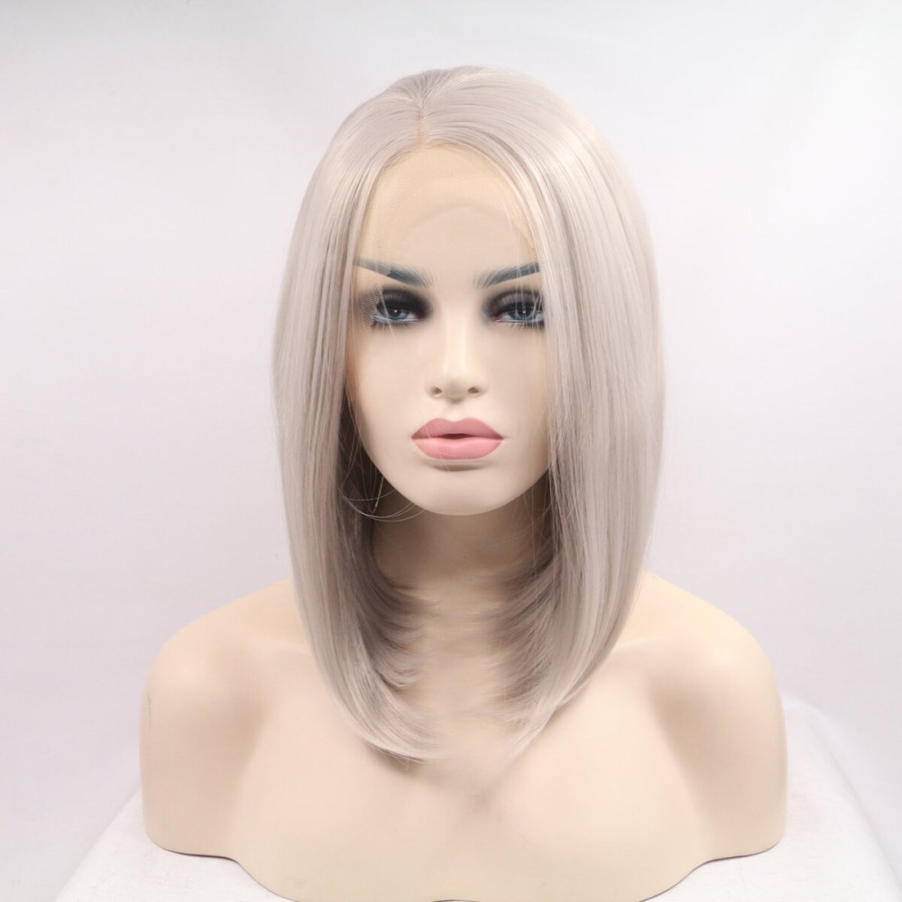 xiweiya Silver Grey Wigs Short Silver Platinum Bob Wig Middle Part Synthetic Lace Front Wigs Heat Resistant Fiber Hair Glueless Soft Wig 13x3 Lace Wig Natural Hairline Wig for Women14inch