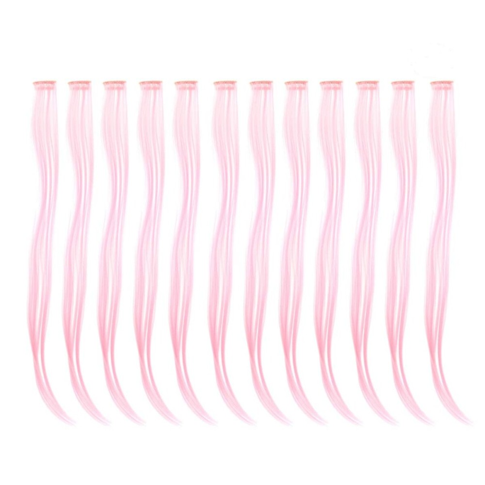SWACC 12 Pcs Straight One Color Party Highlights Clip on in Hair Extensions Colored Hair Streak Synthetic Hairpieces (Pink)