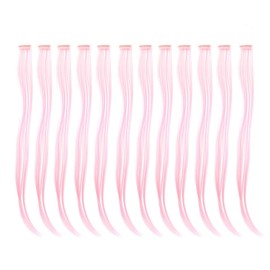 SWACC 12 Pcs Straight One Color Party Highlights Clip on in Hair Extensions Colored Hair Streak Synthetic Hairpieces (Pink)