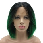 Lushy Straight Short Silky Dark Root Green Ombre Wig Heat Rsistant Heavy Density Synthetic Lace Front Wig