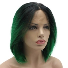 Lushy Straight Short Silky Dark Root Green Ombre Wig Heat Rsistant Heavy Density Synthetic Lace Front Wig