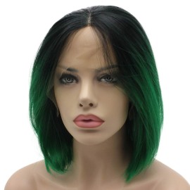 Lushy Straight Short Silky Dark Root Green Ombre Wig Heat Rsistant Heavy Density Synthetic Lace Front Wig