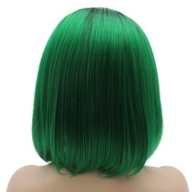 Lushy Straight Short Silky Dark Root Green Ombre Wig Heat Rsistant Heavy Density Synthetic Lace Front Wig