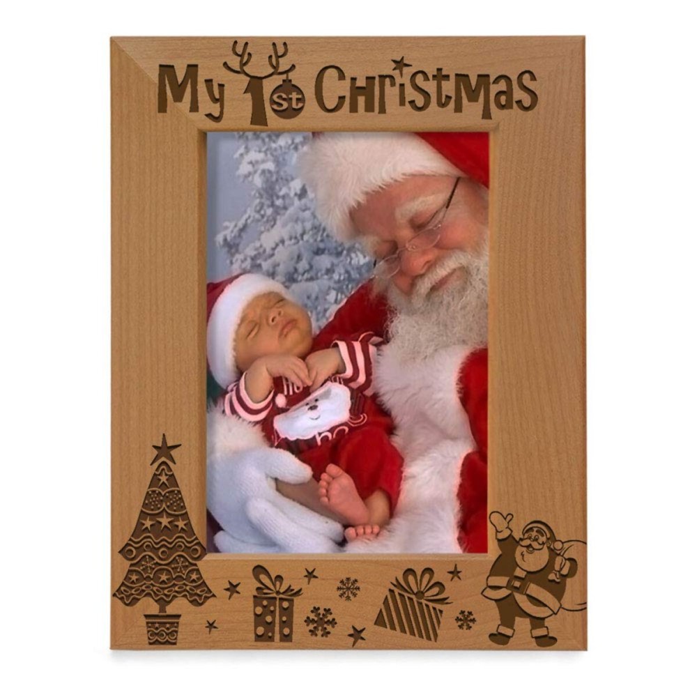 KATE POSH My 1st Christmas Picture Frame, My First, Baby\'s 1st Christmas, New Baby, Santa & Me Engraved Natural Wood Photo Frame (5x7-Vertical - Classic)