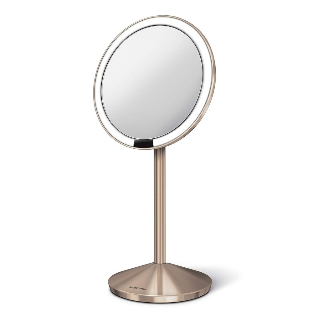 simplehuman Sensor Mirror, Travel Makeup Mirror with Lights, 10X Magnification, Lighted, Round, Free Standing, 5, Rose Gold Stainless Steel
