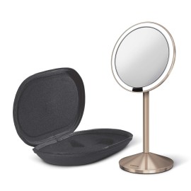 simplehuman Sensor Mirror, Travel Makeup Mirror with Lights, 10X Magnification, Lighted, Round, Free Standing, 5, Rose Gold Stainless Steel