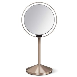 simplehuman Sensor Mirror, Travel Makeup Mirror with Lights, 10X Magnification, Lighted, Round, Free Standing, 5, Rose Gold Stainless Steel