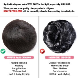 Bella Hair 100% Human Hair Bun Extension Donut Chignon Hairpieces for Both Women and Men Instant Up-Do Fake Bun Scrunchies (1B Natural Black)