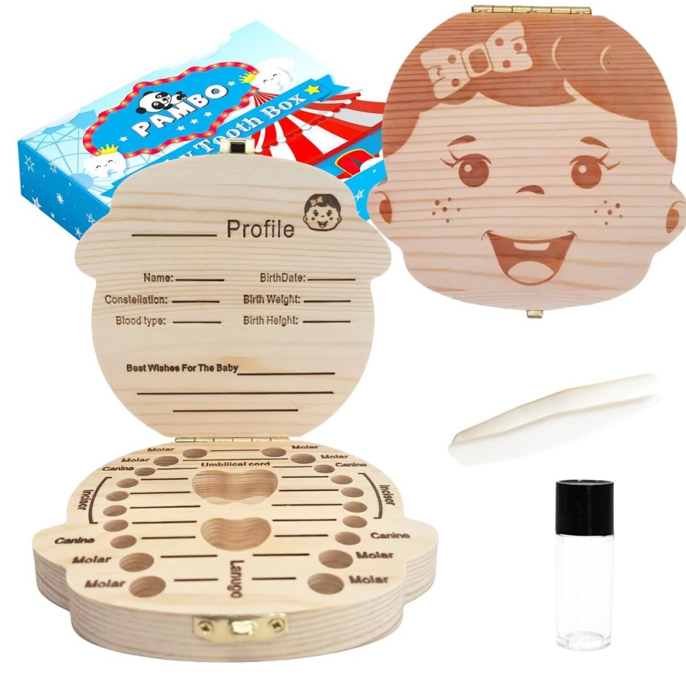 PAMBO Baby Tooth Box Keepsake for Girls,Wooden Tooth Storage And Saver Box for Lost Teeth Children,Newborn Baby Birthday And Shower Gift