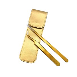 yueton 2pcs Gold Color Coated Stainless Steel Straight and Curved Head Tweezers with Leather Case for Eyelash Extension