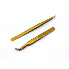 yueton 2pcs Gold Color Coated Stainless Steel Straight and Curved Head Tweezers with Leather Case for Eyelash Extension