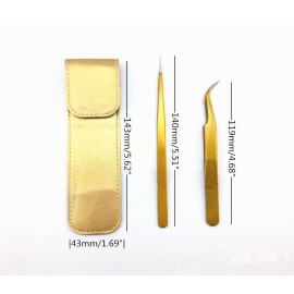 yueton 2pcs Gold Color Coated Stainless Steel Straight and Curved Head Tweezers with Leather Case for Eyelash Extension