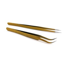 yueton 2pcs Gold Color Coated Stainless Steel Straight and Curved Head Tweezers with Leather Case for Eyelash Extension