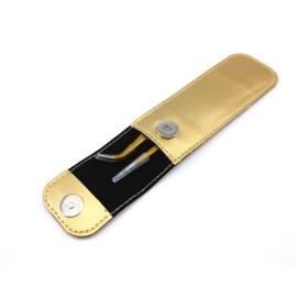 yueton 2pcs Gold Color Coated Stainless Steel Straight and Curved Head Tweezers with Leather Case for Eyelash Extension