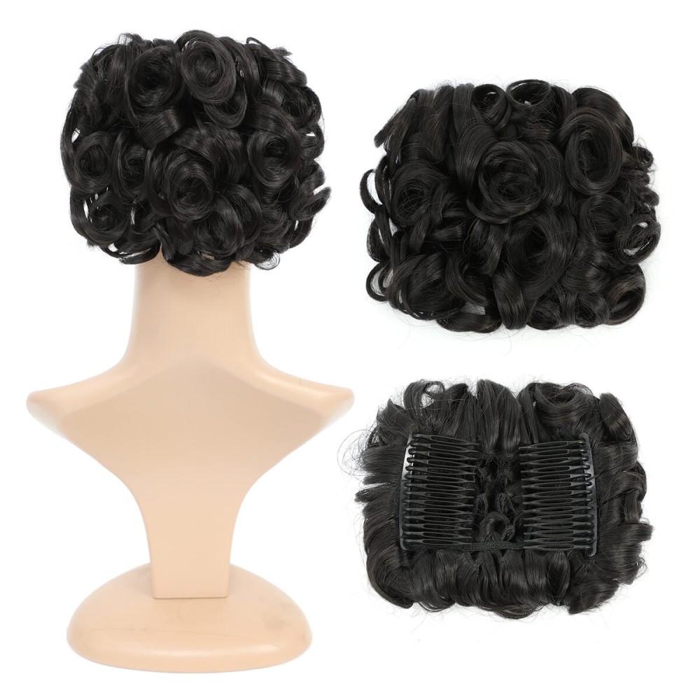 SWACC Short Messy Curly Dish Hair Bun Extension Easy Stretch hair Combs Clip in Ponytail Extension Scrunchie Chignon Tray Ponytail Hairpieces (Natural Color Close to Black-2)
