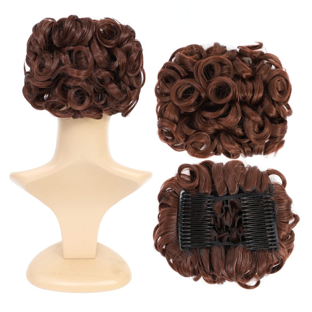 SWACC Short Messy Curly Dish Hair Bun Extension Easy Stretch hair Combs Clip in Ponytail Extension Scrunchie Chignon Tray Ponytail Hairpieces (Dark Auburn-33)