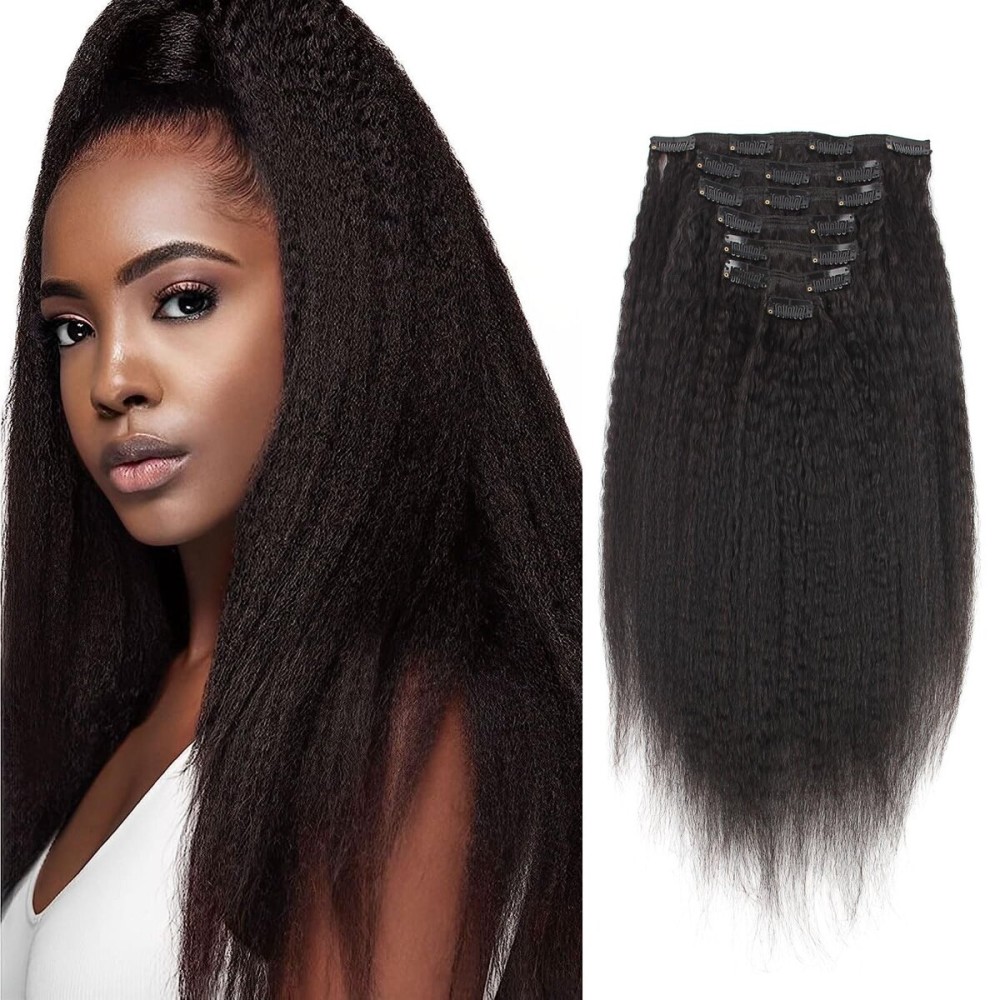 AmazingBeauty Afro Kinky Straight Clip in Hair Extensions 8A Grade Thick 100% Remy Hair Natural Black 7 Pieces with 17 Clips 120g/4.2oz per Set Fit For Full Head 16 Inch