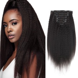 AmazingBeauty Afro Kinky Straight Clip in Hair Extensions 8A Grade Thick 100% Remy Hair Natural Black 7 Pieces with 17 Clips 120g/4.2oz per Set Fit For Full Head 16 Inch