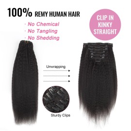 AmazingBeauty Afro Kinky Straight Clip in Hair Extensions 8A Grade Thick 100% Remy Hair Natural Black 7 Pieces with 17 Clips 120g/4.2oz per Set Fit For Full Head 16 Inch
