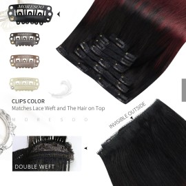 Moresoo Clip in Hair Extensions Remy Double Weft Human Hair Clip in Extensions Balayage Straight Hair Extensions for Women Ombre Black with Burgundy 7pcs 120g 16inch
