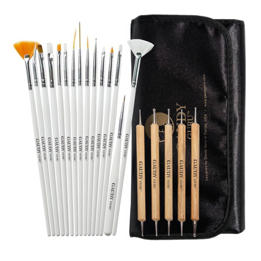 20pc Professional Nail Art Design Painting Detailing, Marbleizing Brushes, Striper & Dotting Pen/Dotter Tool Kit Set with Storage Bag by Gaudy Guru