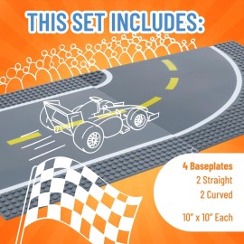 Strictly Briks Road Plates Building Block Baseplates - 4-Pack 10 x 10 in (2 Straight & 2 Curved) - Compatible with Lego & Other Brands - Smooth Surface for Easy Play