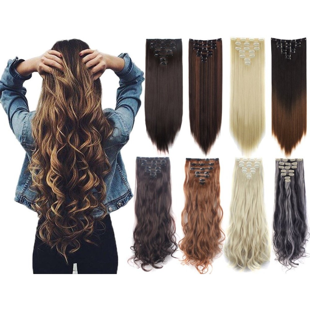 LELINTA 7Pcs 16 Clips 23 Inch Wavy Curly Full Head Clip in on Double Weft Hair Extensions Light Brown Straight