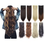 LELINTA 7Pcs 16 Clips 23 Inch Wavy Curly Full Head Clip in on Double Weft Hair Extensions Light Brown Straight