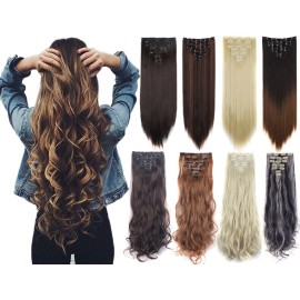 LELINTA 7Pcs 16 Clips 23 Inch Wavy Curly Full Head Clip in on Double Weft Hair Extensions Light Brown Straight