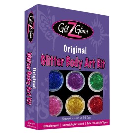 Original Glitter Tattoo Kit and Temporary Tattoos with 6 Large Glitter Pots, Body Adhesive, Stencils and 2 Cosmetic Brushes