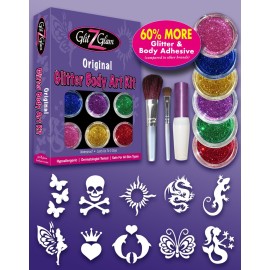 Original Glitter Tattoo Kit and Temporary Tattoos with 6 Large Glitter Pots, Body Adhesive, Stencils and 2 Cosmetic Brushes Original Glitter Tattoo Kit and Temporary Tattoos with 6 Large Glitter Pots, Body Adhesive, Stencils and 2 Cosmetic Brushes