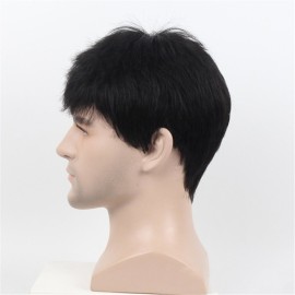 Remeehi Manly Short Fluffy Straight Full Bang None Lace Machine Made Real Human Hair Wig For Men Nature Black